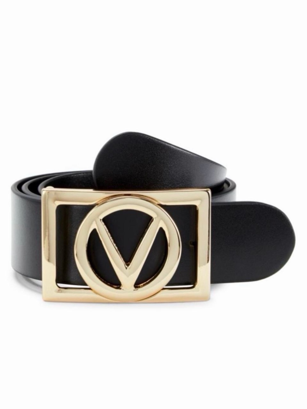 Valentino Black Leather Belt with Gold V Logo Buckle